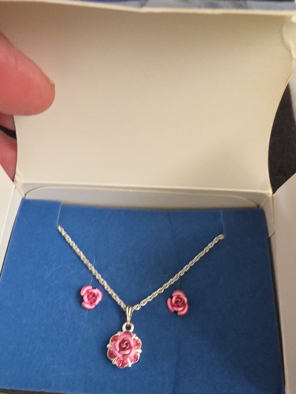 Avon Silver-Tone Necklace & Pink Rose Earrings Set